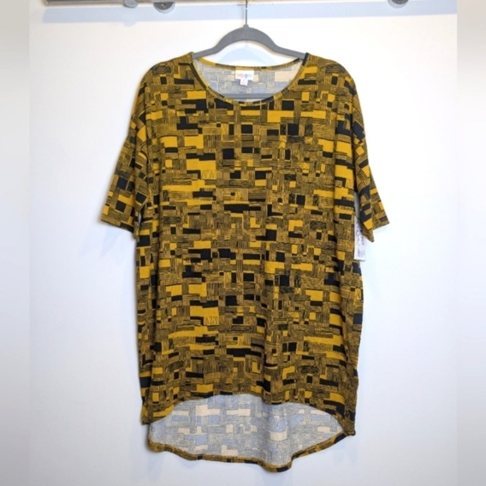 LuLaRoe Black Gold Geometric Oversized Hi-Lo Short Sleeve Shirt Size Small
